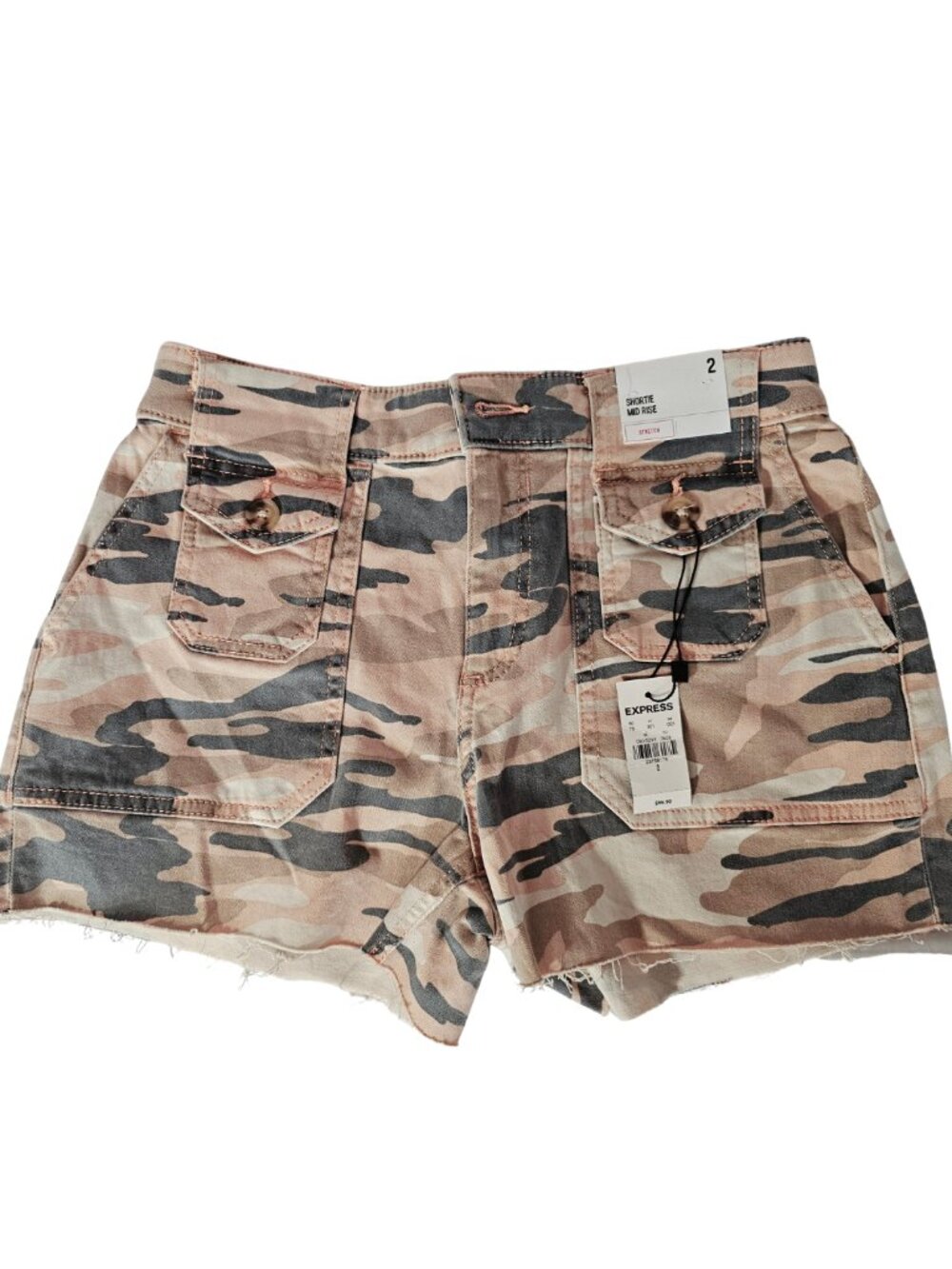 😍 New With Tags 😍 - EXPRESS Shortie Mid Rise Shorts, Salmon Pink Camo, Size 2